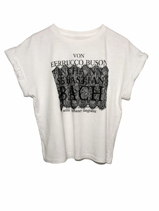Tian Zhi Xiu Tops - White Graphic Tee w/ Lace Overlay | Edgy Feminine Bach Print Tee | Euro C Medium